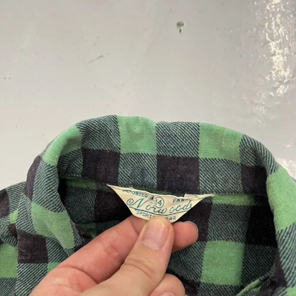 Vintage 50s Norwood Green/Black Plaid Loop Collar Flannel